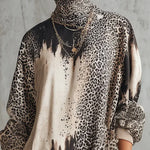Gray Leopard Print Turtleneck Fringe Hem Faux Suede  Dress