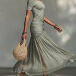 Green Stretch Fabric And Chiffon Maxi Dress