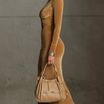 24-Hour-Shipping Camel Velvet Openwork Long Sleeve Bodycon Dress