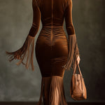 24-Hour-Shipping Brown Velvet Turtleneck Cutout Fringe Long Sleeve Bodycon Dress