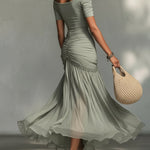 Green Stretch Fabric And Chiffon Maxi Dress
