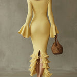 Yellow Off Shoulder Fringe Lightweight Knit Bodycon Dress