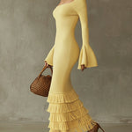 Yellow Off Shoulder Fringe Lightweight Knit Bodycon Dress