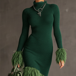24-Hour-Shipping Emerald Knit Patchwork Eco Faux Fur Long Sleeve Bodycon Dress