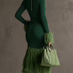 24-Hour-Shipping Emerald Knit Patchwork Eco Faux Fur Long Sleeve Bodycon Dress