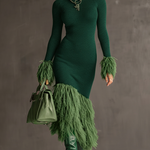 24-Hour-Shipping Emerald Knit Patchwork Eco Faux Fur Long Sleeve Bodycon Dress