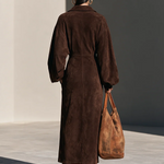 Elegant Brown Suede Half-Zip Long Sleeve Maxi Dress with Side Slit