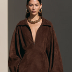 Elegant Brown Suede Half-Zip Long Sleeve Maxi Dress with Side Slit