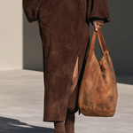 Elegant Brown Suede Half-Zip Long Sleeve Maxi Dress with Side Slit