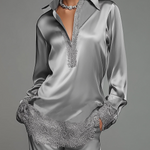 Elegant Silver Satin Lace Trim Two-Piece Set – Sophisticated Long Sleeve Top & Wide Leg Pants