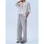 Striped Loose Straight Leg Linen Casual Pants