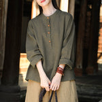 Linen Stand Collar Colorblock Buttoned Pullover Shirt