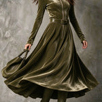 Vintage Olive Green Zip-Front Velvet Maxi Dress (Belt Included)