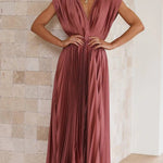 Elegant Satin Pleated V-neck Flowing Midi Dress
