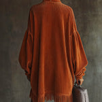 24-Hour-Shipping Orange Corduroy Loose Tassel Hem High Collar Dress