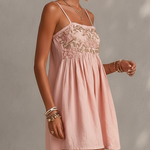 Pink Vintage Embroidered Linen Cotton Mini Cami Dress
