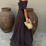 Brown One Shoulder Mesh Maxi Dress