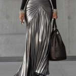 24-Hour-Shipping Black Round Neck Metallic Silver Pleated Maxi Dress