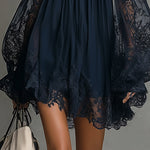 Navy Off-Shoulder Lace Trim Chiffon Mini Dress With Sheer Sleeves