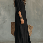 Black Button-Front Bohemian Shirt Maxi Dress