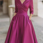 Elegant Black Satin Pleated V-neck A-line Midi Dress