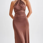 Slinky Halter Maxi Dress - Brown