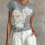 Sheer Blue Floral Print Chiffon Blouse