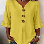 Solid V-Neck Button Ruffle Half Sleeve Casual Top