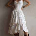Retro Boho Corset Tiered Midi Dress With Lace-Trim