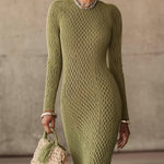 24-Hour-Shipping Olive Green Knit Fringe Hem Bodycon Maxi Dress
