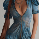Blue Chiffon Floral Zip Up Mini Dress
