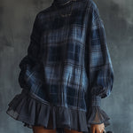 Midnight Plaid Ruffle Hem Turtleneck Dress