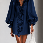Navy Ruffled Puff-Sleeve Loose Straight-Cut Mini Dress