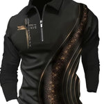 KZZ Men's black gold contrasting half zipper polo shirt