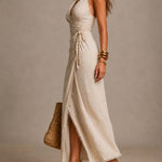 Clemencia | Natural Linen Dress with Crossover Neckline and Lace