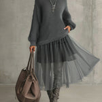 24-Hour-Shipping Gray Mohair And Tulle Panel Maxi Dress