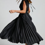 Elegant Satin Pleated V-neck Flowing Midi Dress