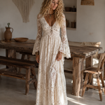 Apricot Lace V-neck Bell Sleeve Bohemian Maxi Dress