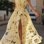 Light Green Floral Ruched One Shoulder A-Line Maxi Chiffon Dress