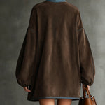 24-Hour-Shipping Brown Faux Suede Fleece High-Neck Zip-Up Oversized Mini Dress