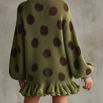 24-Hour-Shipping Green Polka Dot Oversized Knit Sweater Dress With Ruffled Hem