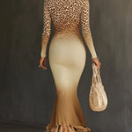 Light Brown Leopard Print Ombre Knit Fringed Hem Maxi Dress