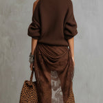 24-Hour-Shipping Chocolate Knit Off Shoulder Tulle Long Sleeve Midi Dress