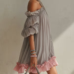 Gray Chiffon Off Shoulder Mini Dress With Pink Hem