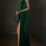 24-Hour-Shipping Emerald Green Velvet Mesh Sleeve High Slit Maxi Dress