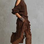 24-Hour-Shipping Chocolate Knit Off Shoulder Tulle Long Sleeve Midi Dress
