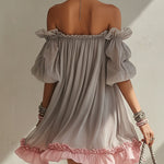 Gray Chiffon Off Shoulder Mini Dress With Pink Hem