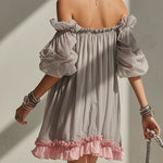 Gray Chiffon Off Shoulder Mini Dress With Pink Hem