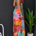 V Neck Sleeveless Tie Back Slit Floral Print Maxi Dress