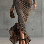 24-Hour-Shipping Brown Leopard Print Pleated Cutout Maxi Dress